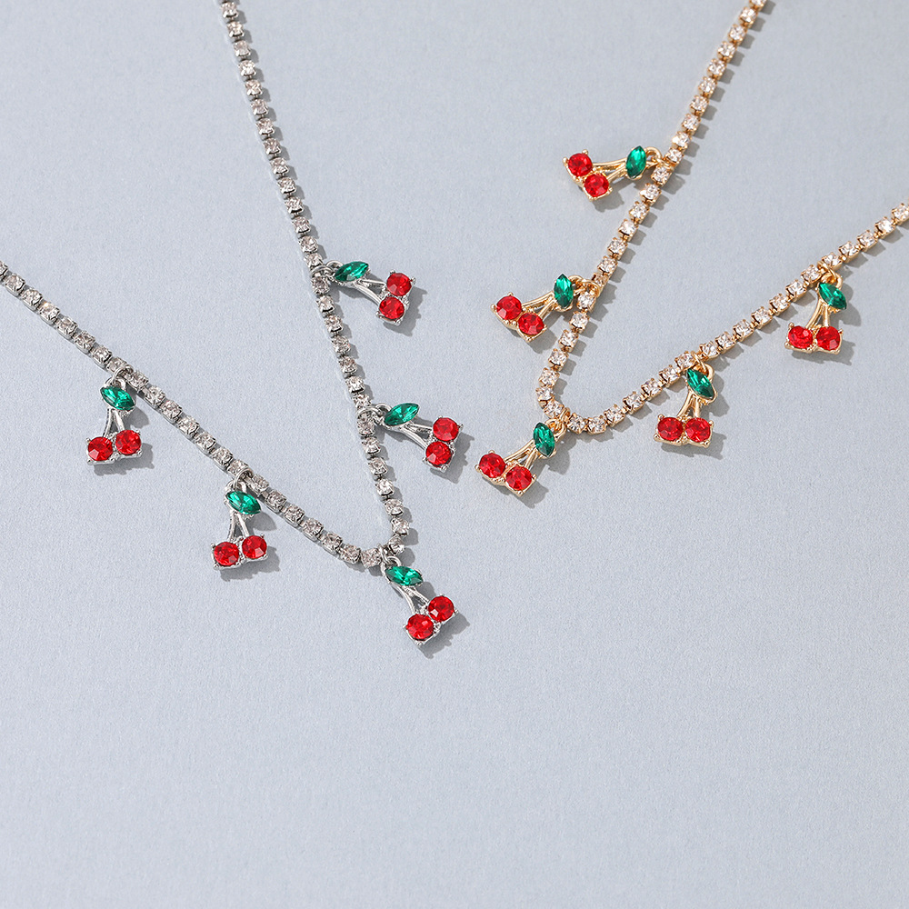 New Single Row Micro-embellished Diamond Rhinestone Cherry Tennis Chain Cherry Pendant For Women display picture 5