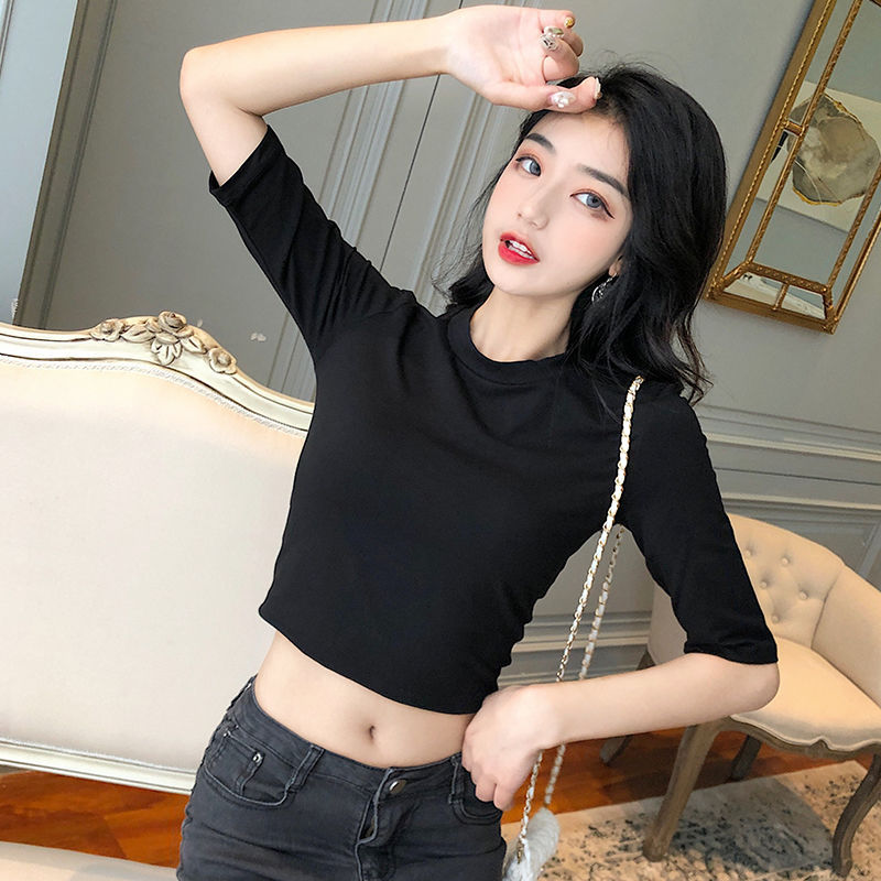 반하이넥 숏탑 여성용 중간소매 티셔츠 슬림핏 하이웨이스트 크롭탑 얇은 허리 노출 반팔 패셔너블