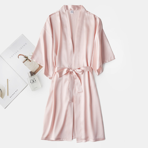 Women's Half Sleeve Silk Simulated Sleep Dress Wedding Makeup Dress Thin Cardigan Dress Bride Morning Dress BFF Dress Solid Color No Words 