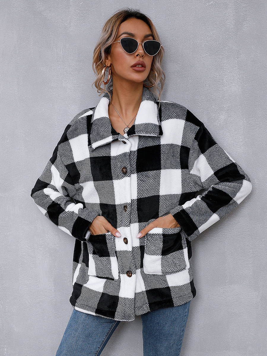 woolen cardigan contrast plaid long shawl jacket NSAL14180