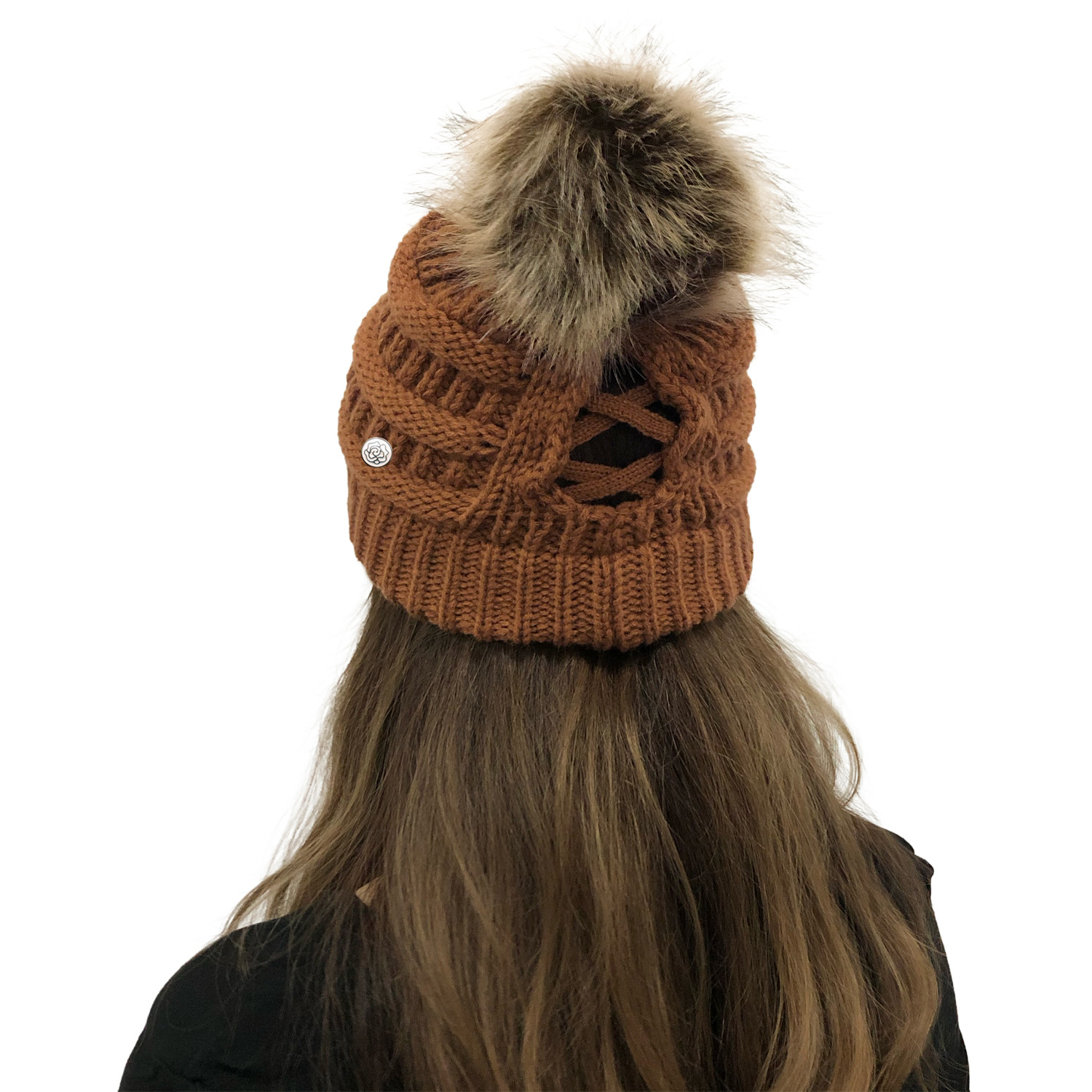 Crochet Ponytail Hat With Fur Pom Pom Mask Button Hat Hot Selling Knitted Hat Wool Ball Wool Hat Criss-cross