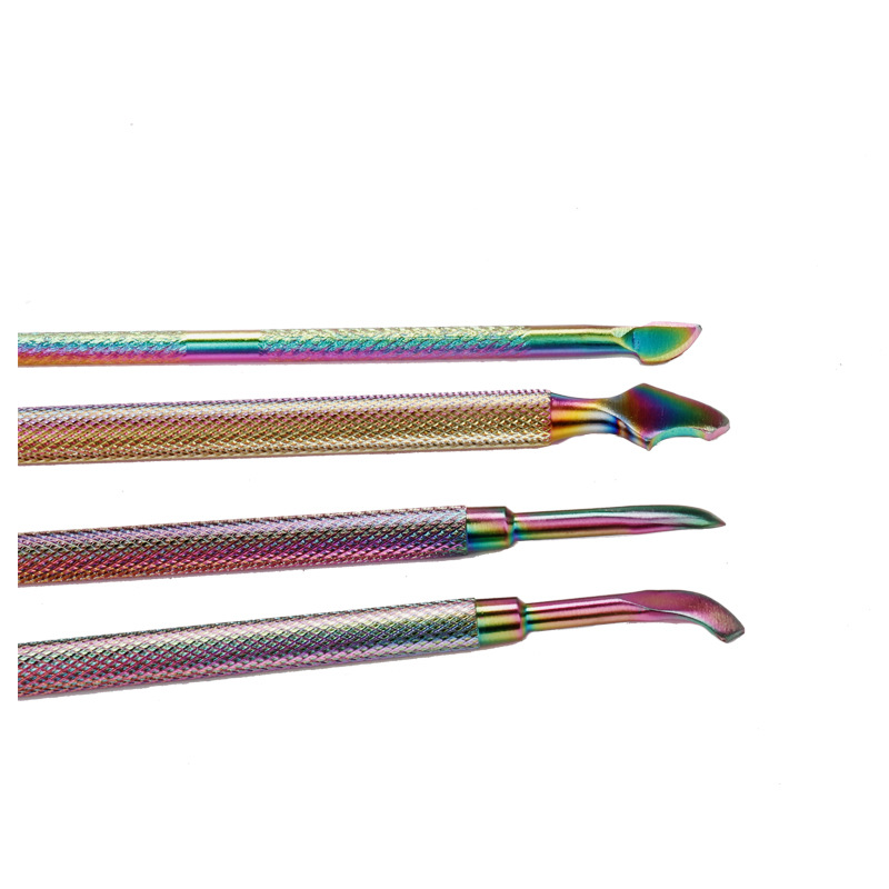 Cross-border dedicado empuje de acero de 4 piezas de acero inoxidable piel muerta empuje color titanio pequeño empuje de acero pala de piel muerta caja de herramientas de manicura