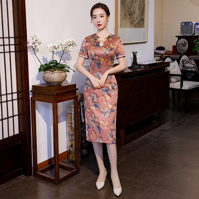 Chinese Dresses Qipao for women robe chinoise cheongsam Short sleeve stand collar long cheongsam dress for women