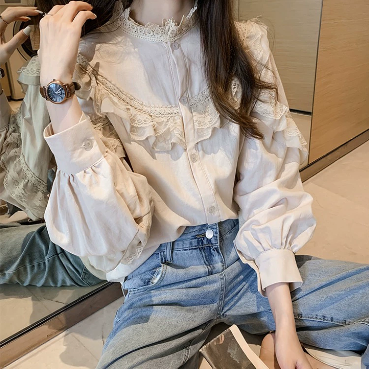 Осенняя новая рубашка во французском стиле, женская Свободная рубашка для похудения с круглым вырезом и рукавом-фонариком в стиле ретро