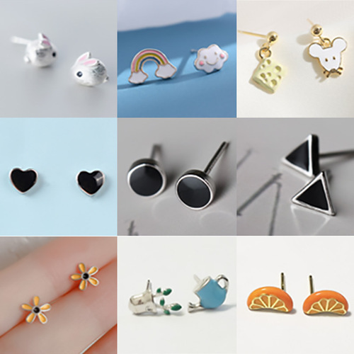 Stall creative enamel 925 silver earring, needle earring for women, Korean version cute minimalist small earring set, 11 pairs earring collection for women