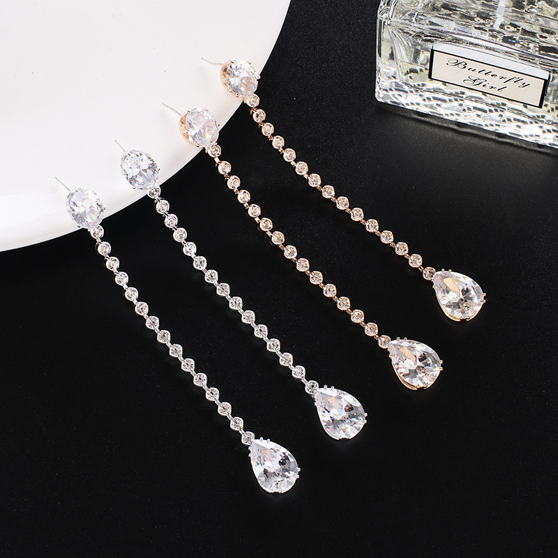 Pendientes de hilo con gota de circonita elegantes para mujer_voghion.com