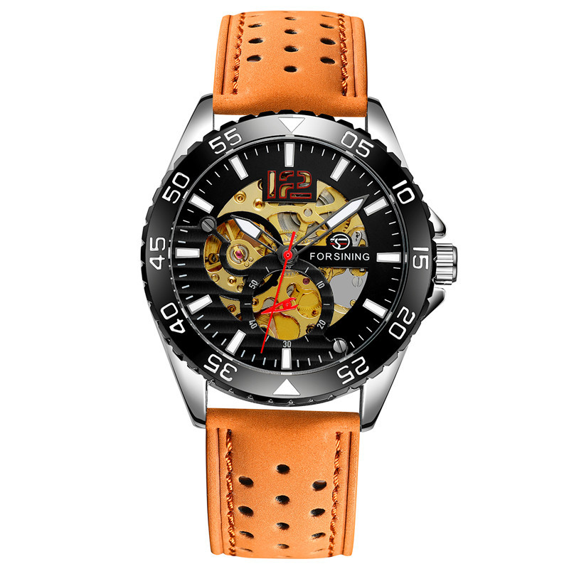 Forsining/fusini hombres correa de cuero reloj de negocios reloj mecánico automático casual reloj hueco 8180