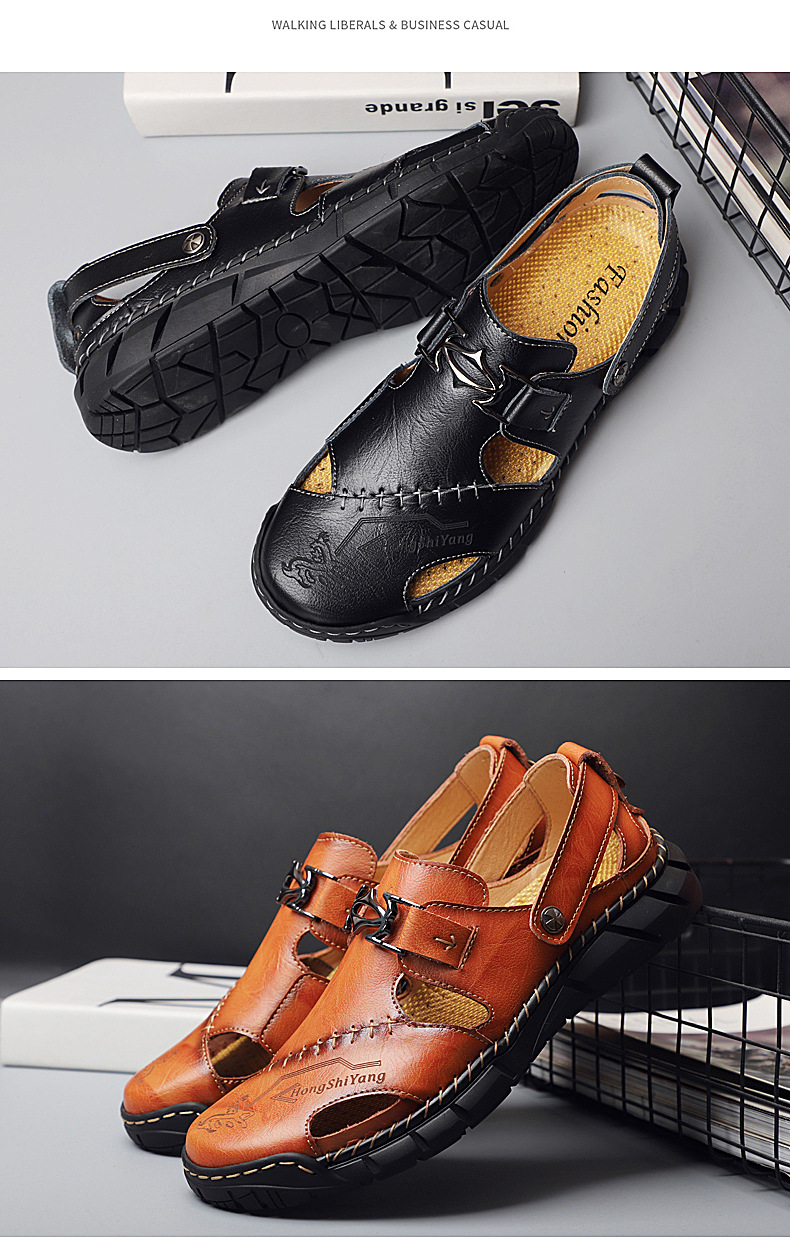 Amazon 4950 men's plus-size sandals, men's trendy leather beach shoes, flip-flops, plus-size men's shoes, sewn shoes, cross-border undefined