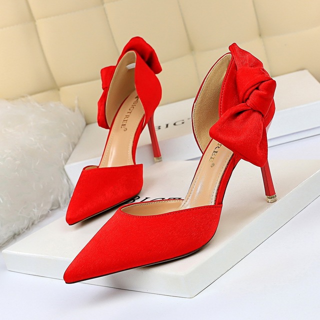 Korean fashion Stiletto High Heel suede hollow shallow mouth sexy thin pointed bow hollow sandals