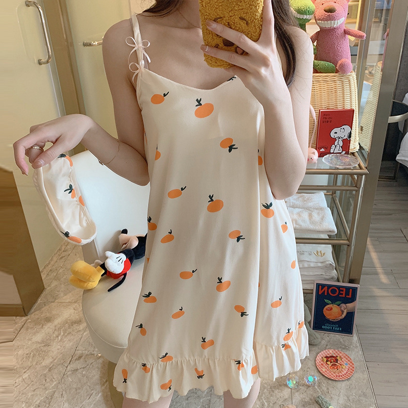 夏季吊带性感睡裙女士牛奶丝可爱卡通学生薄款大码带胸垫家居服|ru