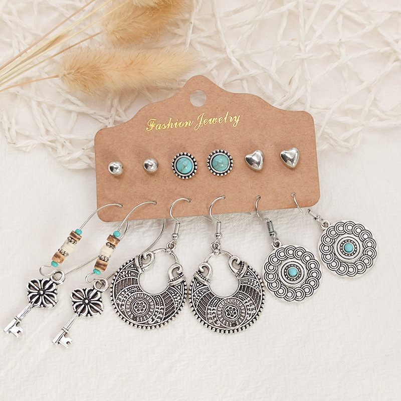 6 Sets Of Diamond Inlaid Turquoise Earrings Creativity Ins Fashion Women Earrings