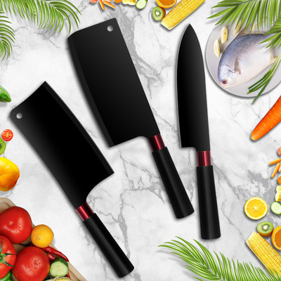 T  现货批发不锈钢黑色喷漆刀具套装厨房六件套不粘菜刀礼品赠品|ms