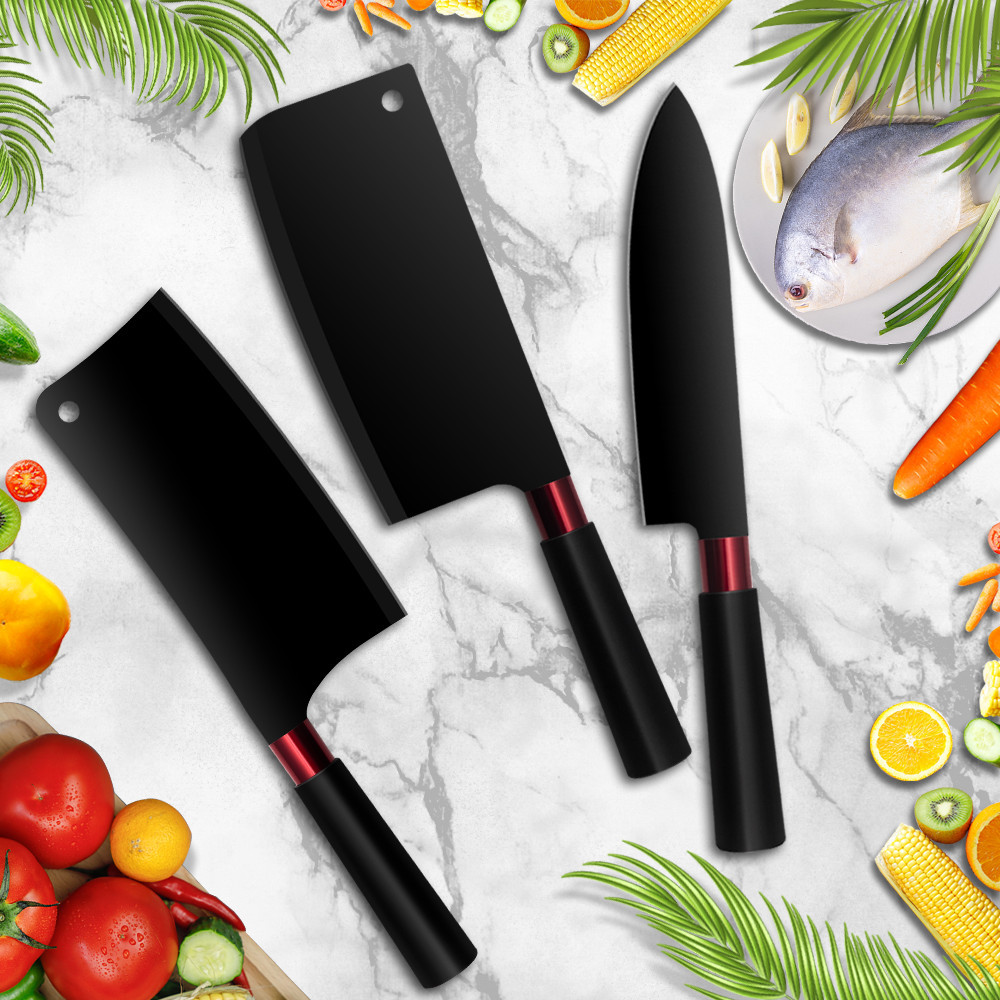 T  现货批发不锈钢黑色喷漆刀具套装厨房六件套不粘菜刀礼品赠品|ms