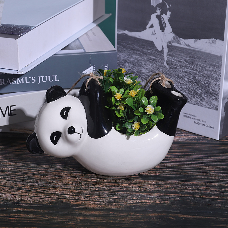 简约户外跨境园艺创意个性花盆 熊猫陶瓷动物花盆悬挂盆栽摆件