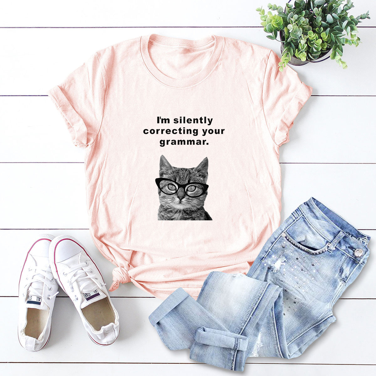 camiseta casual de mujer de manga corta con estampado de gato NSSN1780