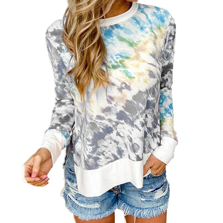 autumn and winter tie-dye printing gradient round neck long-sleeved t-shirt NSHHF62745