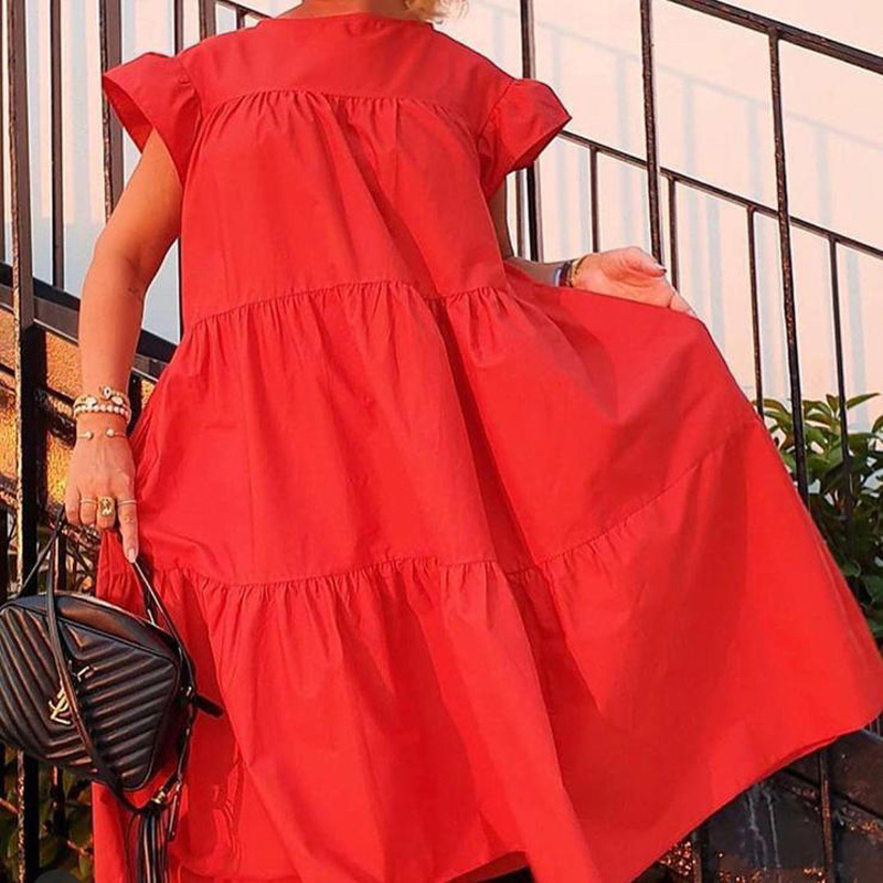 Round Neck Short Sleeve loose solid color Dress NSXWL118617