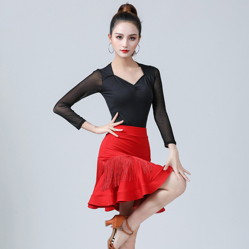 Women girls red black fringed latin chacha skirts Latin dance practice dress female adult tassel skirt art examination fishbone skirt