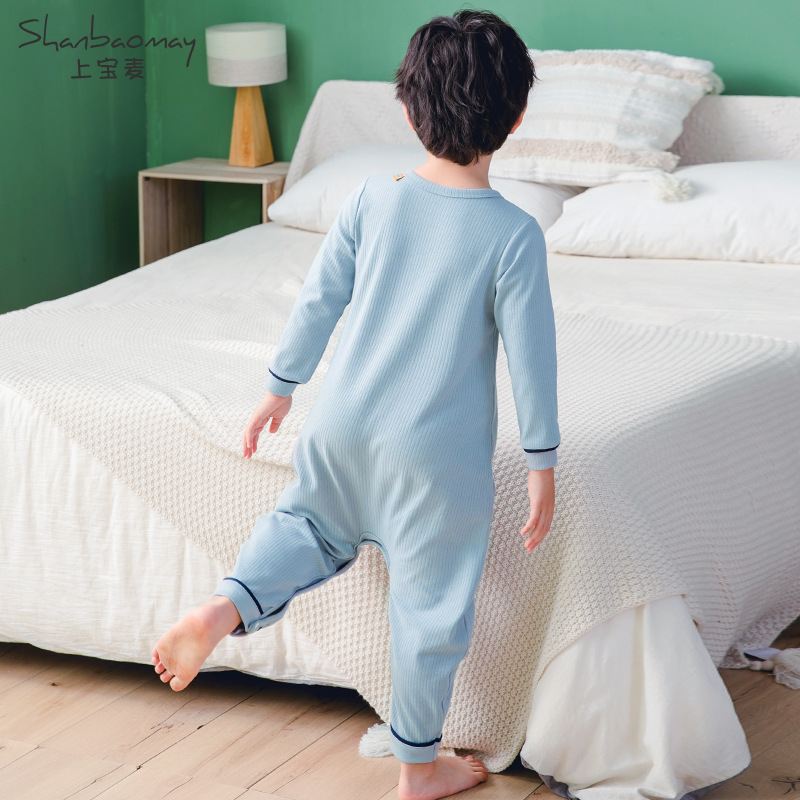 SHANGBAOMAI 어린이 원피스 잠옷 소년 가을, 겨울 두꺼운 면화 아동 잠옷 소년 가정 옷 따뜻한 긴팔 두꺼운