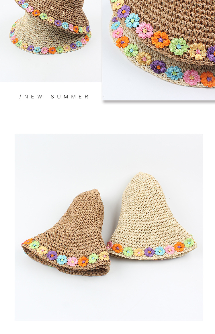 Straw Hat Summer Color Flower Foldable Sun Hat Beach Sunscreen Breathable Hat Wholesale Nihaojewelry display picture 7