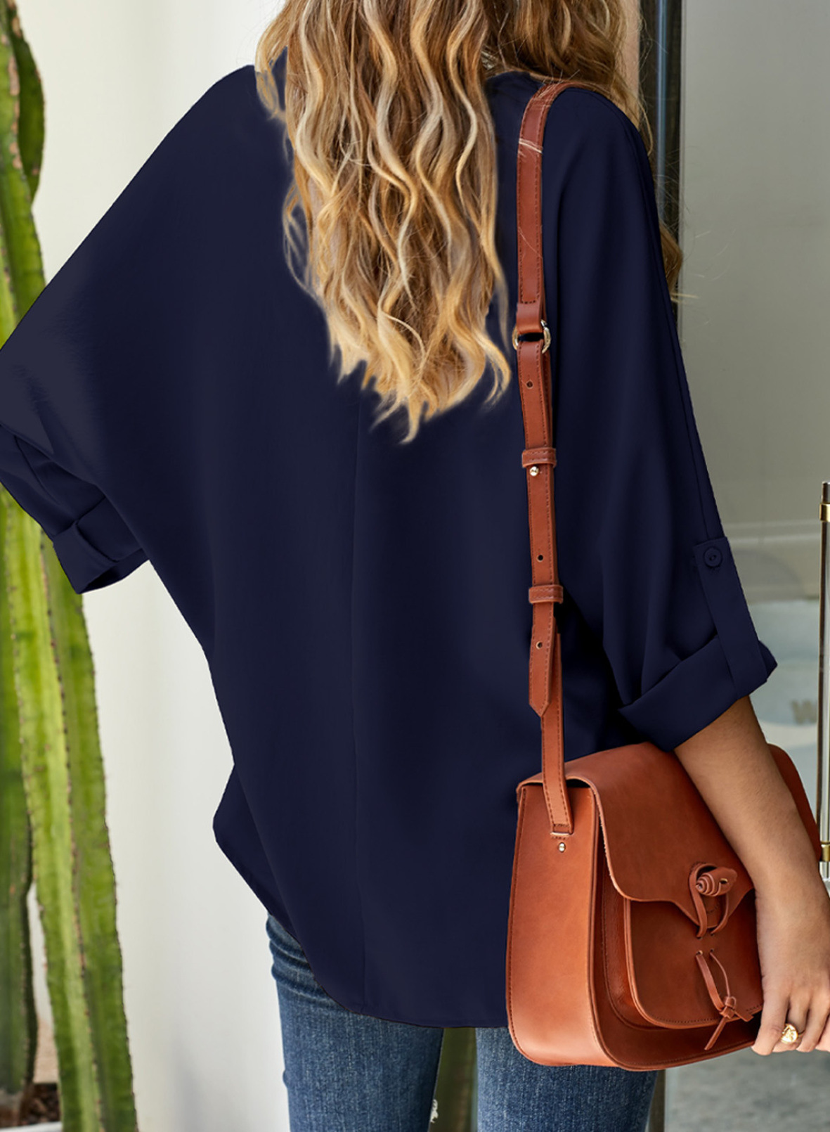 women new solid color fashion v-neck pullover chiffon shirt NSSI2964