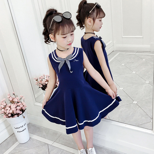 Girls Summer Sleeveless Dress Korean Style College Style Skirt Girls Small Fragrance Style Skirt Cotton School Uniform Class Clothing Children's Clothing