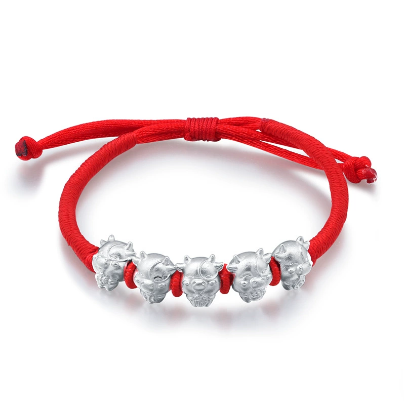 Нога Серебряный браслет Wufu из крупного рогатого скота Красная веревка Женский год быка Счастливая веревка Жесткий золотой браслет из бусин Мужской Зодиак