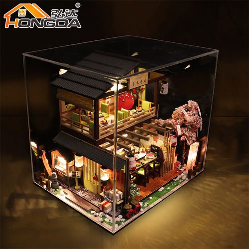 Hongda creative DIY cabin Yoshimoto sushi shop hand-assembled wooden building model villa birthday gift for women