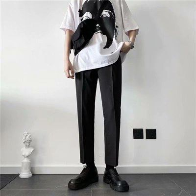 春夏季韩版九分休闲直筒裤男潮流宽松百搭裤子男松紧腰坠感小西裤|ms