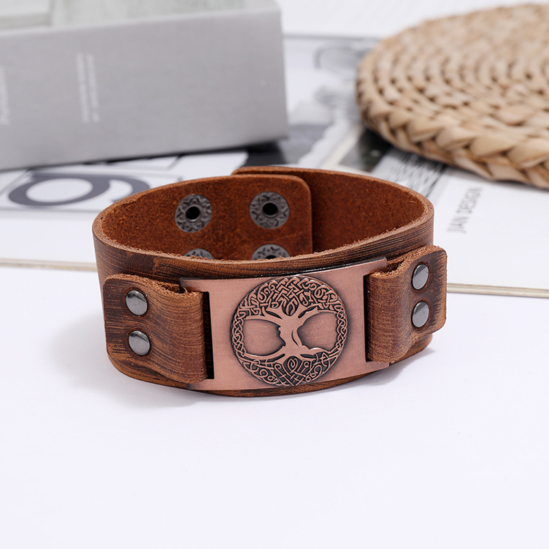 Viking Totem Lucky Tree Leather Retro Woven Punk Menu0027s Wide Leather Bracelet nihaojewelry