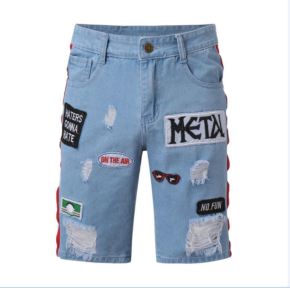 Foreign trade summer explosion men's fashion denim hole embroidered label shorts Europe and the United States loose straight jeans 16 Foreign trade summer explosion men's fashion denim hole embroidered label shorts Europe and the United States loose straight jeans 9