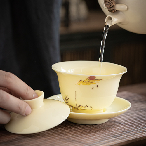 Lamplighter Jade Cover Bowl Gem Yellow Tea Set Gift Eight Cup Gongfu Ceramic Tea Set Wholesale