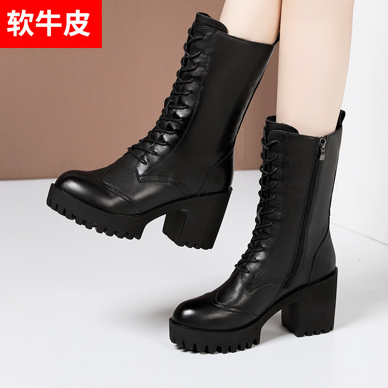 Genuine Leather High-Heeled Thick-Soled Mid-Calf Boots 2024 Autumn and Winter New British Style Waterproof Platform Versatile Boots for Women