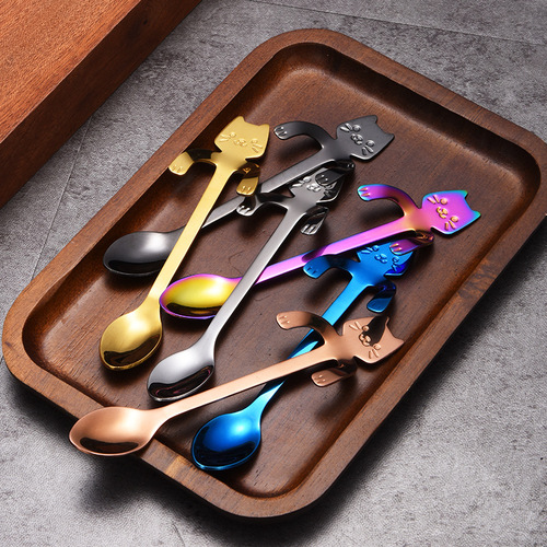 304 stainless steel cat spoon, creative cartoon hanging side spoon, cute coffee spoon, gold-plated stirring spoon with logo