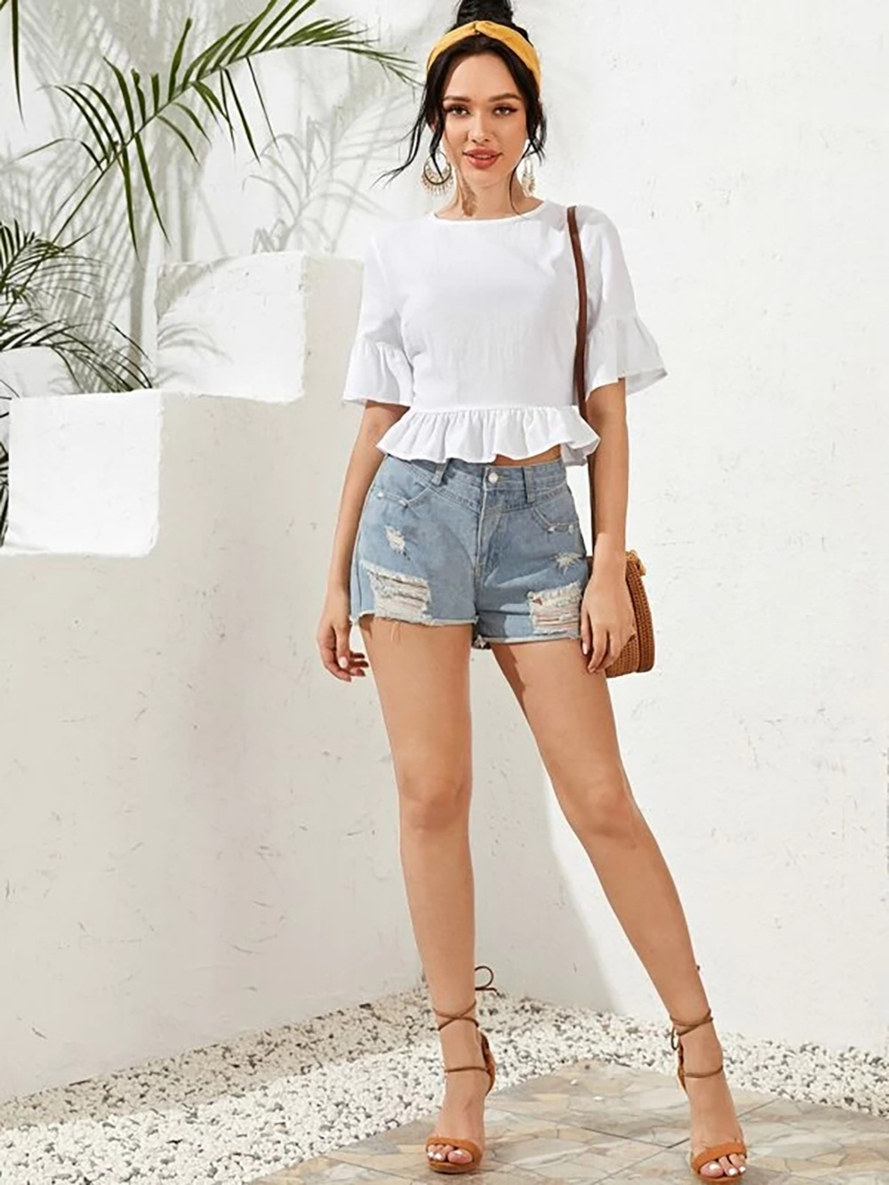 summer new hot sale tops women s solid color short-sleeved sexy backless ruffled shirt NSDF509