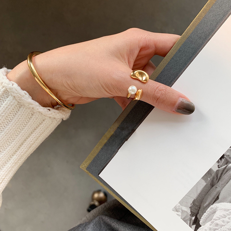 Fashion Geometric Copper Inlay Artificial Pearls Open Ring 1 Piece