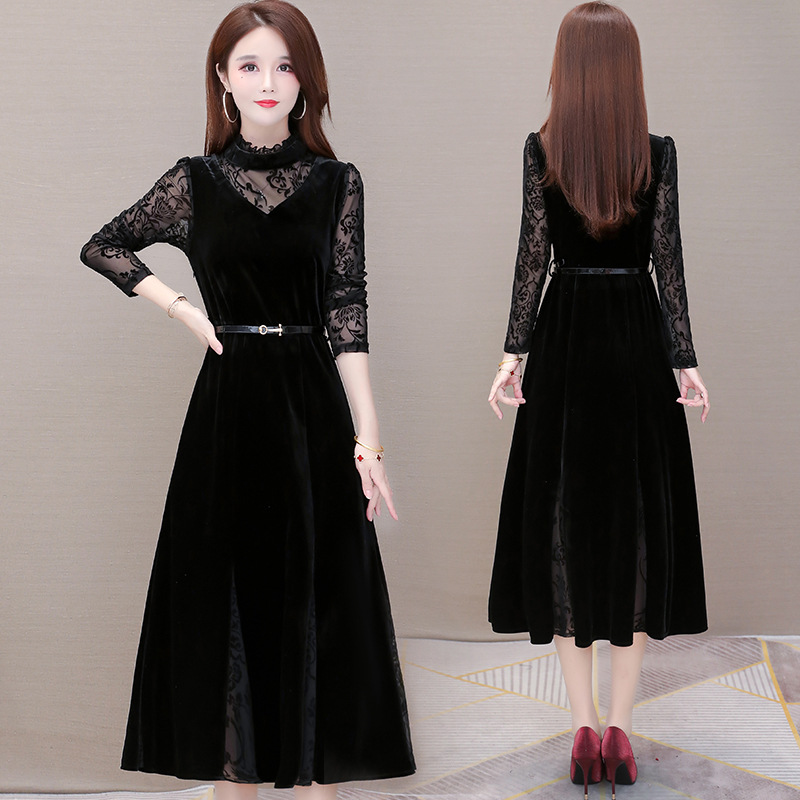 蕾丝拼接金丝绒连衣裙女2021年春季新款洋气收腰过膝打底裙子潮
