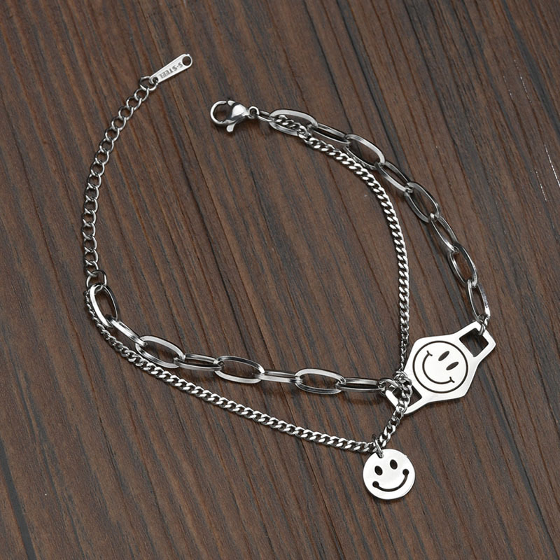 Fashion Smiley Face Round  Retro Stitching Chain Wild Double-layer Stainless Steel Bracelet For Women display picture 4