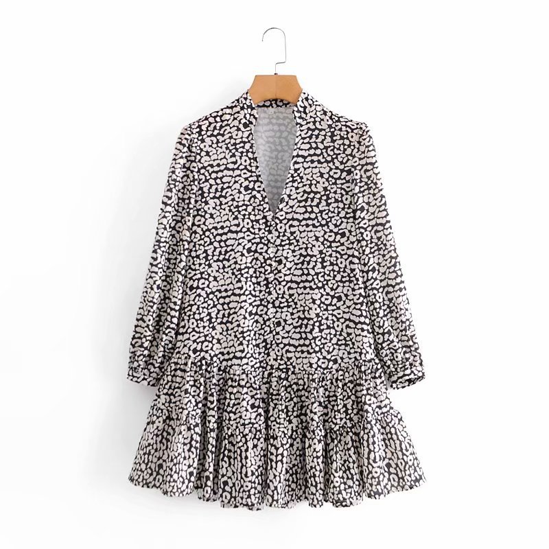 winter print animal pattern V-neck long sleeve dress  NSAM7616