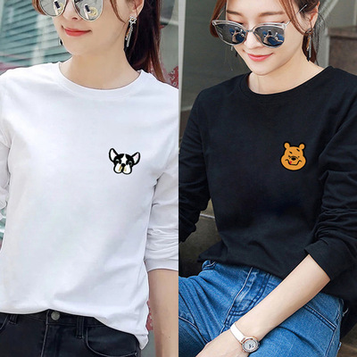 现货100%纯棉长袖2021新款T恤韩版港风INS宽松大码学生情侣装上衣|ms