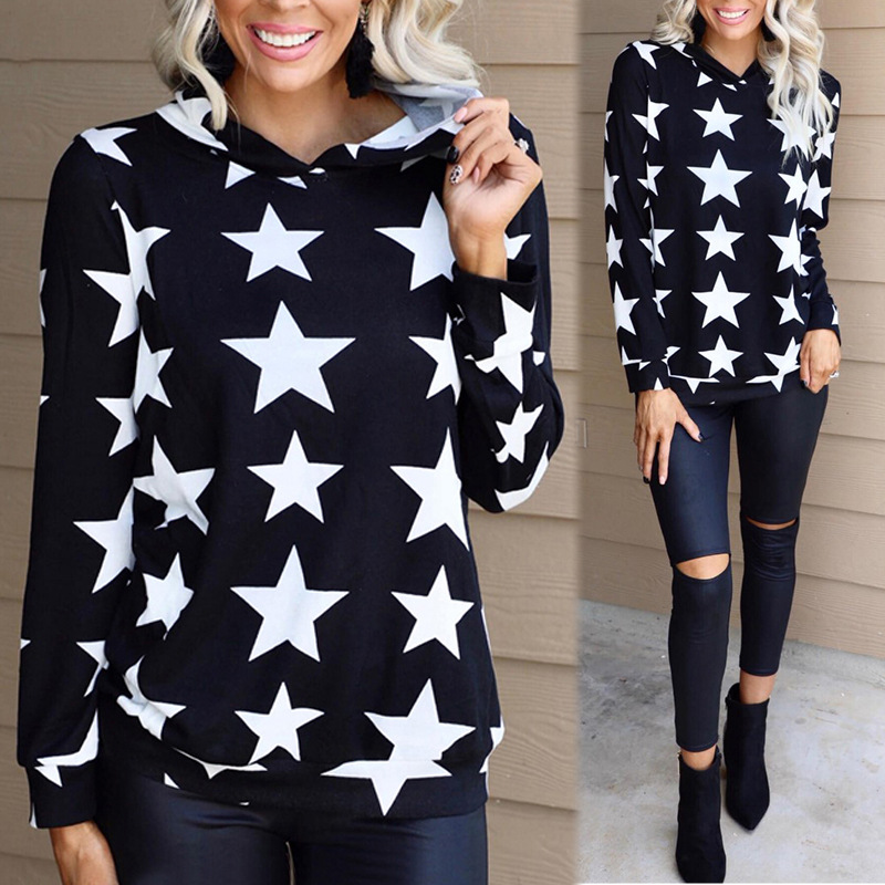 five-pointed star print hooded long-sleeved loose sweatershirt NSZH18577