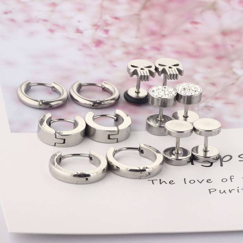 Amazon Hot Sale Mixed Earrings Set - Titanium Steel Stud Earrings for Men - Punk Style Duck Motif - 8mm Black 12pcs detail image 10