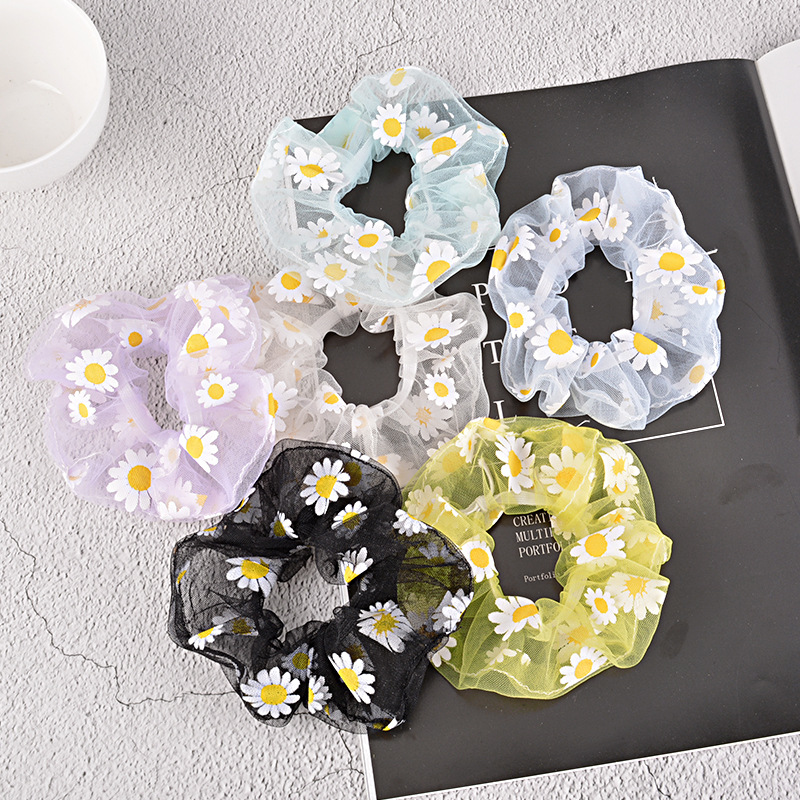 15g Weight Headwear Classification Festival Occasion Flower Pattern Women'S Gender Sky Blue, White, Pink, Purple, Green, Blue, Yellow, Black Color Korean Simple Mesh Daisy Hair Scrunchies 1