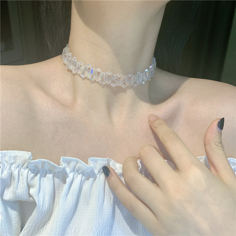 Beaded Transparent Crystal Exquisite Short Wide Alloy Clavicle Chain Choker display picture 2