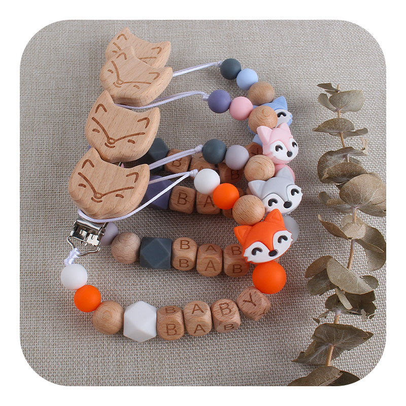 Bebé haya zorro chupete clip de juguete de dibujos animados bebé nombre silicona pequeño zorro mordedor chupete cadena