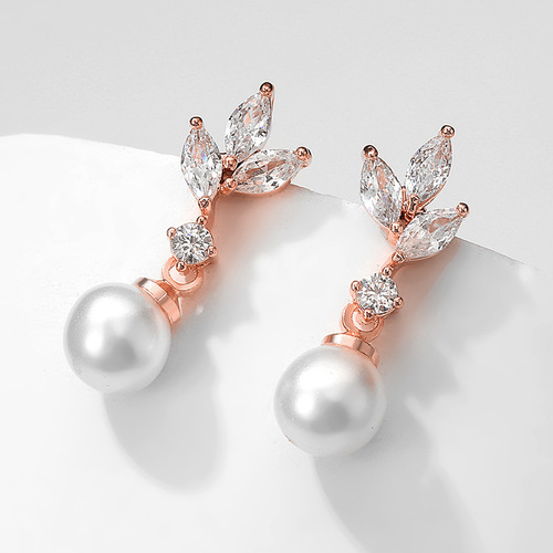 RAKOL Korean-style Fashion Minimalist Pearl Earrings for Women, Cross-border Classic Copper-inlaid Horse Eye Zirconium Leaf Earrings