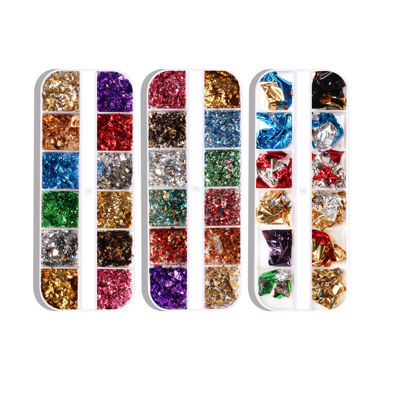 Joyería de hoja de color de uñas de Venta caliente transfronteriza 12 caja de tira de rejilla uñas papel de estaño roto hoja de oro de doble cara hoja de plata joyería
