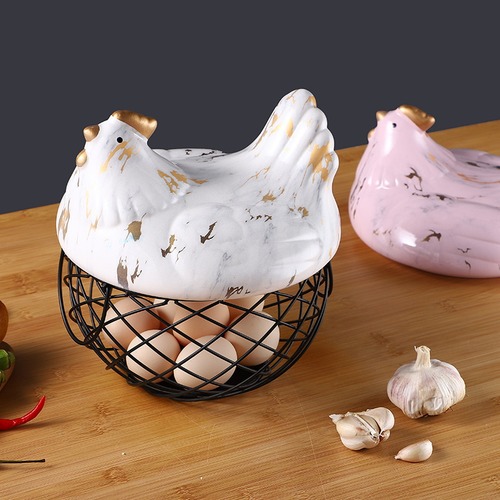 Creative Nordic household ceramic egg basket, fruit and vegetable miscellaneous basket, kitchen iron storage basket, hen decoration storage