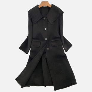 New double-sided cashmere woolen coat women's preppy style navy collar autumn and winter mid-length black wool coat wholesale