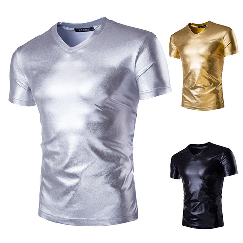 Men's jazz dance stage performance silver gold T-shirt V-neck shiny nightclub costume sexy men's short-sleeved T-shirt